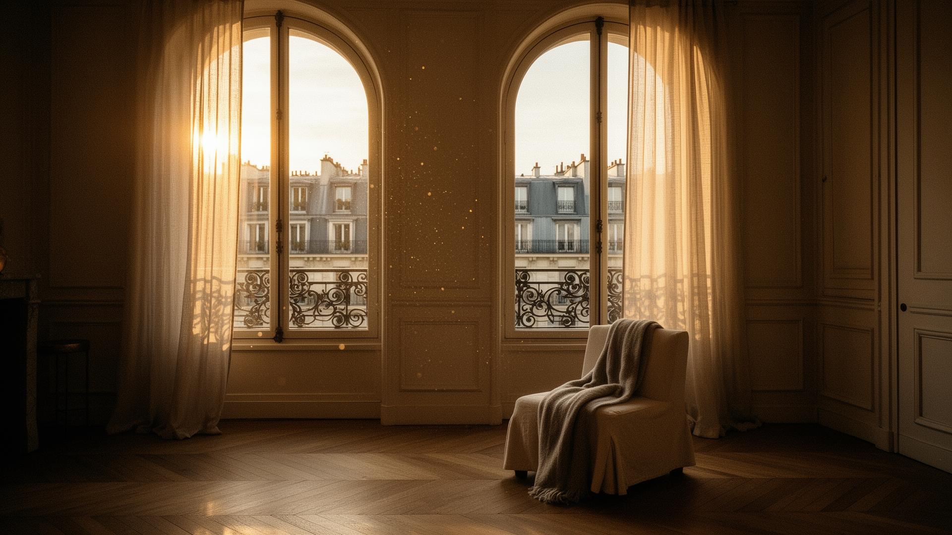 A sunlit Parisian apartment at golden hour